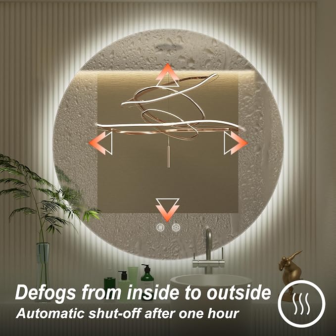 32 Inch Backlit Round LED Mirror for Bathroom with Anti-Fog | 3 Color Temp(3000K/4500K/6000K), Adjustable Brightness, Frameless 5mm HD Glass, ETL Cert‌, Idea for Vanity