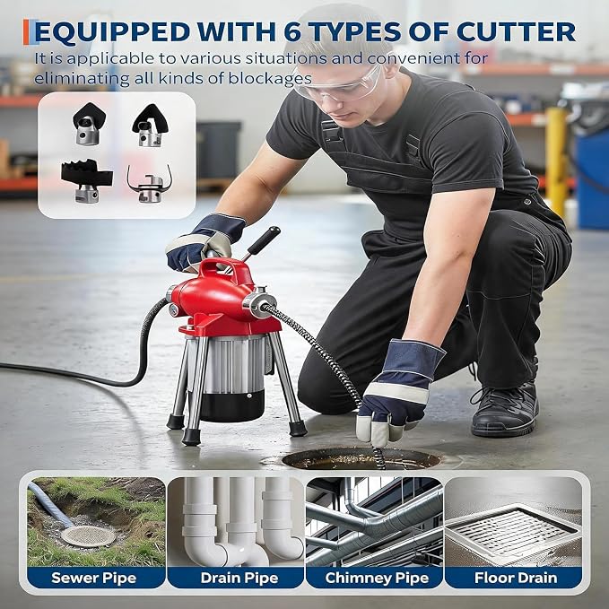 500W 400 RPM Auto Feed Electric Drain Cleaner Machine (66FT x 5/8" + 16FT x 3/8", Red) | Portable Drain Cleaning Auger Sewer Snake with 66 ft x 5/8" & 16 ft x 3/5" Steel Cables & 6 Cutters, for 1.6"-4" Pipes