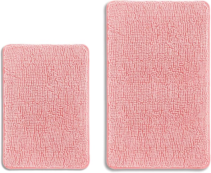 Pink Bathroom Rugs Sets 2 Piece – Absorbent and Washable Bath Mat, Non-Slip, Thick Soft Chenille Bath Rugs for Bathroom Floor, Shower, Sink - 17" x 24"+20" x 32"