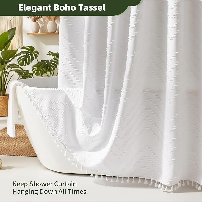 Siiluminisoy Boho Shower Curtain White Tassel Woven Fabric Shower Curtain 54 x 78 Modern Farmhouse Textured Tufted Chevron Striped Minimalist for Bathroom, Closet Door