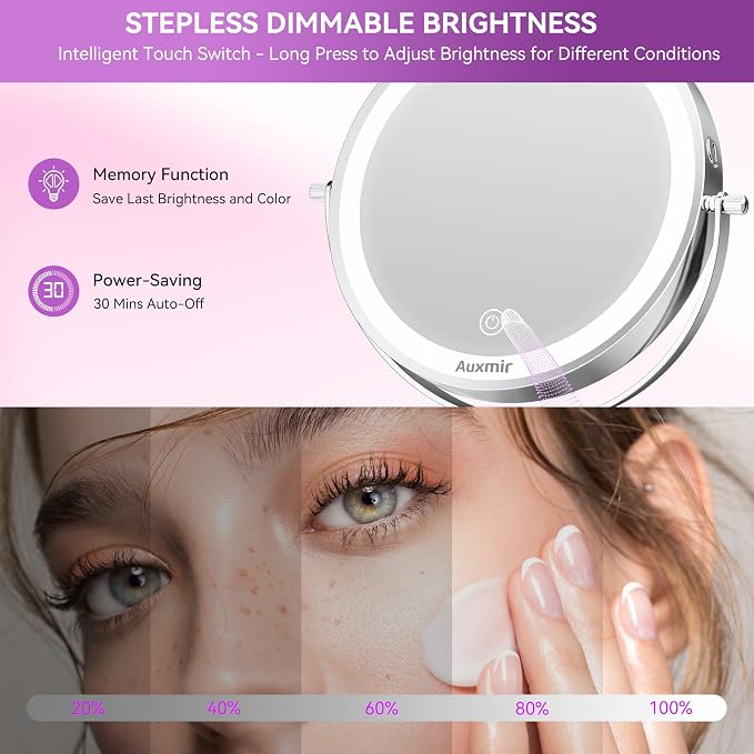 Auxmir 9" 1X/30X Lighted Makeup Mirror, Rechargeable Maginfying Mirror | 3 dimmable colors, 14.9-18.5 in adjustable height, 3000mAh, 360°rotation, stable storage base, 30X magnification, Chrome