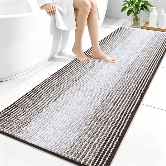 OLANLY Bathroom Runner Rugs 59x24, Soft Chenille Striped Bath Rugs, Brown | Extra Absorbent, Rubber Backing, Machine Wash Dry, Bath Mats for Bathroom Floor, Tub and Shower, Home Decor Accessories