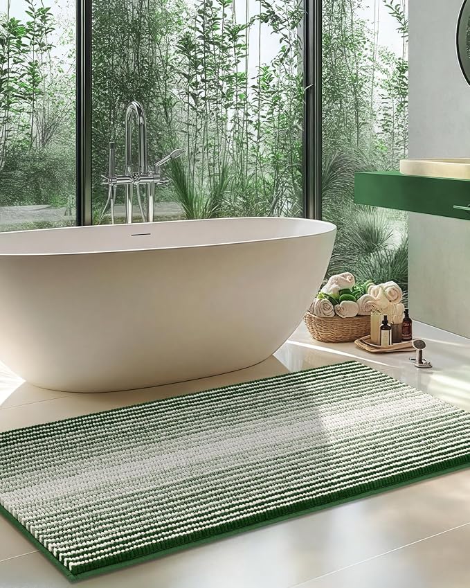 Chenille Bathroom Rugs, 21 x 60 Inches Non Slip Absorbent Bath Mat, Soft Shaggy Shower Bath Floor Mats for Bathroom, Machine Washable(Hunter Green)