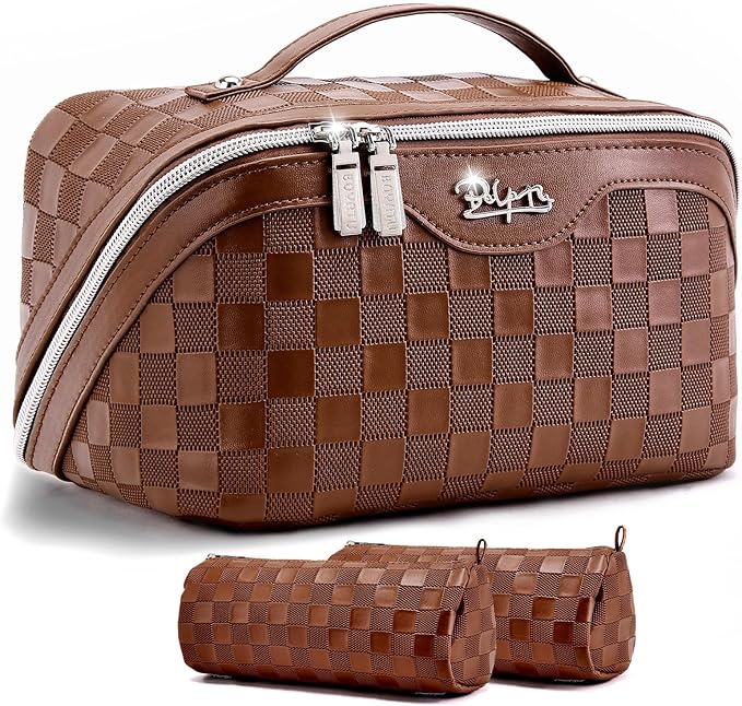 BOYATU Travel Makeup Bag Organizer: 180°Open-Flat 3 Pcs Make up Bags Set | Large Capacity Holds 10–20 Full-Size Bottles for 3–15 Day Trips Travel Essentials - Cosmetic Toiletry Case Gift Women(Coffee)