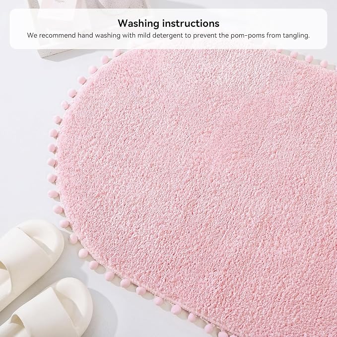 YIRDDEO Oval Rug for Bathroom, Cute Boho Bath Mat with Pom, Pink, 36"x24" | Soft Plush, Absorbent, Quick Dry, Machine Washable, Non Slip Bath Mat for Bathroom Shower Floor Home Decor