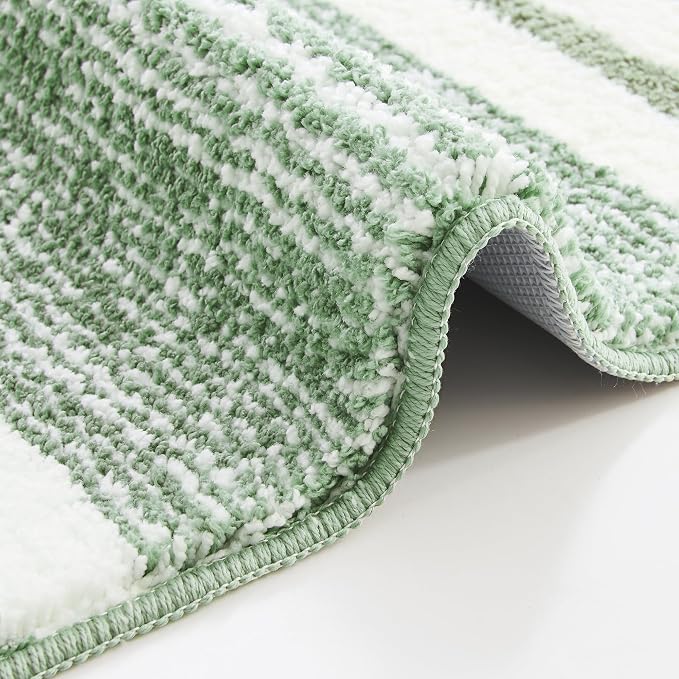 CozeCube Sage Green Striped 36"x24" Non Slip Washable Bath Mat | For Bathroom, Fluffy Absorbent Microfiber Bath Mats Machine Wash, Stylish Large Aesthetic Bathroom Rugs