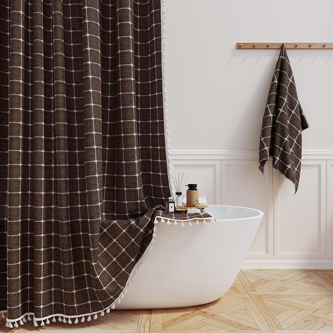 Brown Boho Farmhouse Linen Heavy Duty Fabric Shower Curtain Set, 72x72 | 330GSM Linen Blend, Classic Plaid, 3-side Tassels, Water Repellent Cloth, 12 Plastic Hook, Rustic Bohemian, Machine Washable