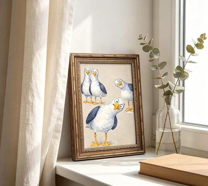 Vintage Gold Framed Funny Seagull Wall Art, Watercolor Cartoon Bird Canvas Print, Whimsical Coastal Wall Decor, Retro Style Funny Bird Poster Artwork,for Bathroom Bedroom Living Room,12x16in