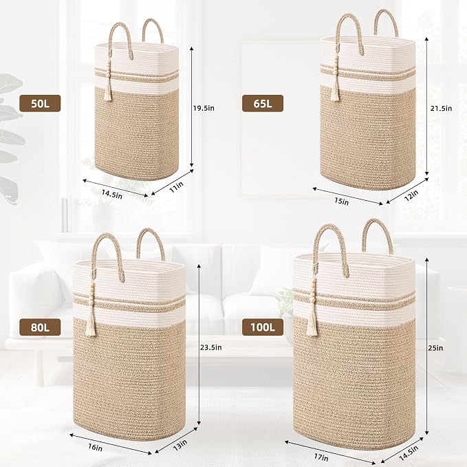 Woven Laundry Basket for Clothes, 65L Large Rectangle Laundry Hampers, Nursery Storage Basket for Toys, Tall Dirty Clothes Hamper for Bedroom Aesthetic, Bathroom, Laundry Room