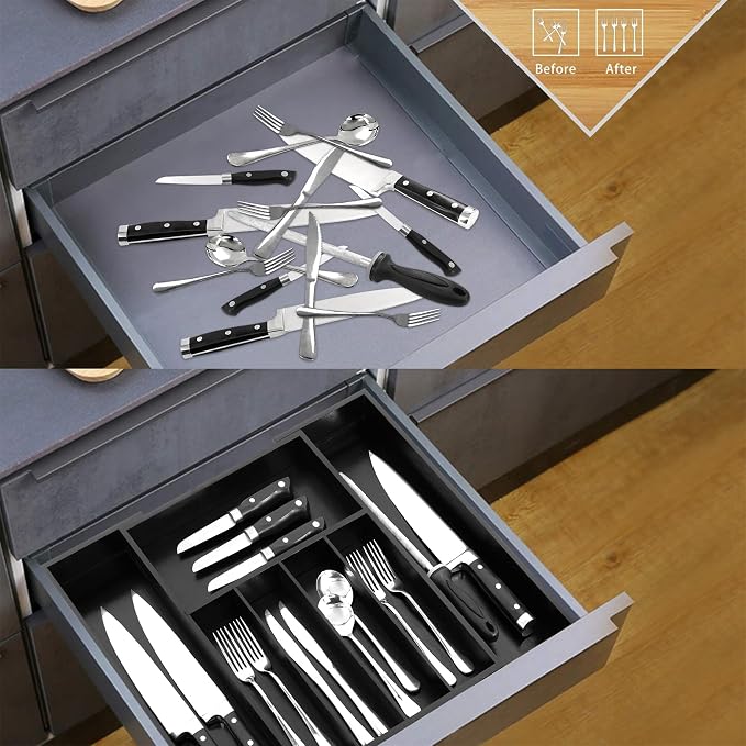 VaeFae Bamboo Drawer Organizer, Large, Black | Cutlery Drawer Holder, Drawer Divider for Silverware, Flatware，43 cm D x 32-55 cm W, 5-7 Slots, Black