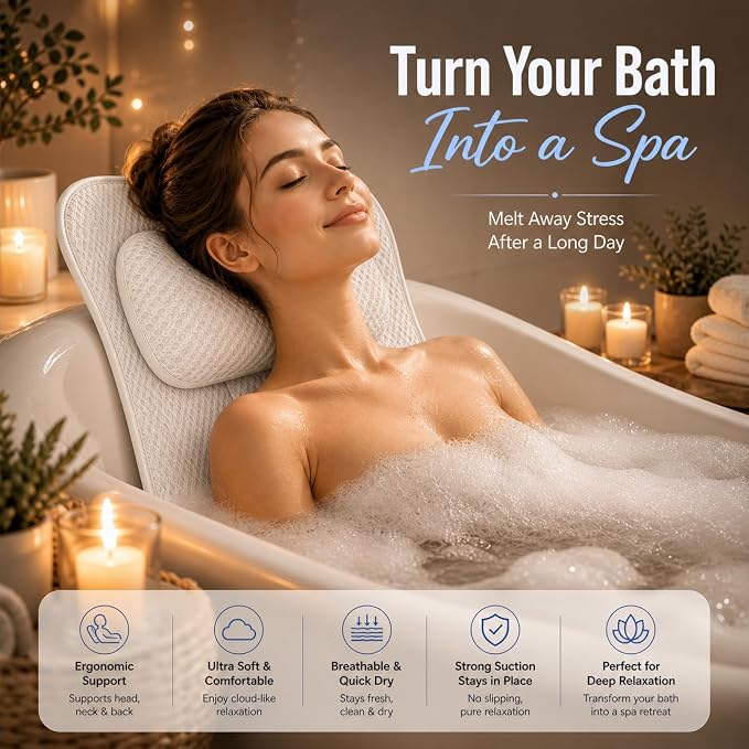 Bath Tub Pillow, Extra Thick Luxury Cushion with Strong Suction Cups for Head, Neck & Back Support, Breathable Spa Pillow for Relaxing Night Bath (White)