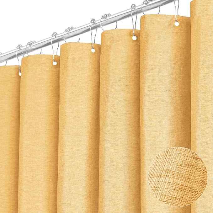 Extra Long Linen Textured Waterproof Shower Curtain Set, 72x96, Gold | Extra Tall Size, 230GSM Polyester, Heavy Duty Cloth, Weighted Hem, 12 Plastic Hooks, Modern Hotel Style, Machine Washable
