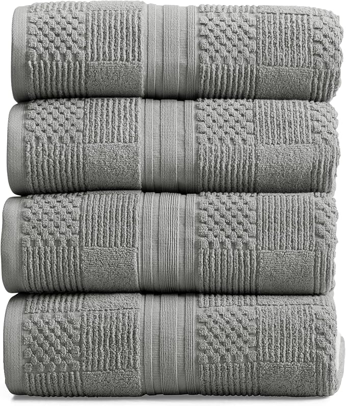 100% Cotton Bath Towel Set | 4-Pack | Textured Carbon Grey | Luxury Geometric Design | Absorbent & Quick-Dry Bathroom Towels | Textured and Durable Cotton Towels for Bathroom | OEKO-TEX