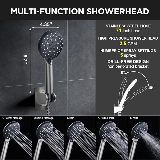 Veken Gunmetal Gray 11.8" High Pressure Shower Head with Handheld, Durable | Handheld Shower with Multi Spray Modes, Rainfall Combo with 15" Metal Extension Arm, Detachable Dual Shower, Bathroom Decor
