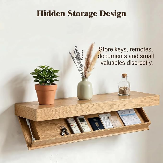 Floating Hidden Shelves for Wall with Concealed Storage Drawer, Hidden Shelf Night Stand with Secret Compartment, for Home Office Living Room, Wood
