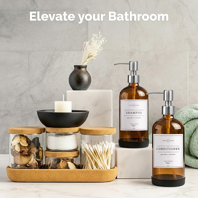Vine Creations Amber Glass Soap Dispenser, 2 Pack Kitchen Soap Dispenser Set with Stainless Steel Pump, 16 oz Hand Soap or Dish Soap for Bathroom or Kitchen with Waterproof Labels