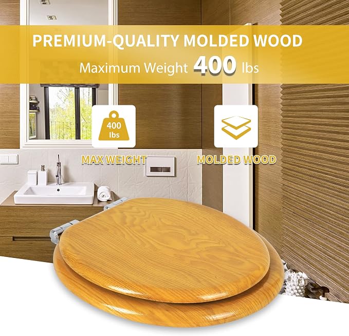 Angel Shield Toilet Seat Round Wood Veneer Quiet Close(Oak) | Quick Release Metal Hinges, Adjustable Fit for Standard Round Toilets, Easy to Install&Clean