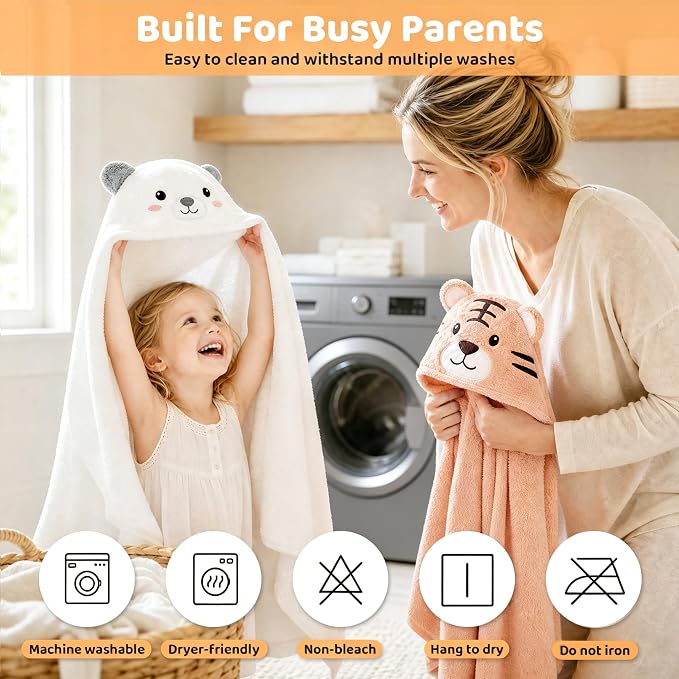 6 PCS Toddler Towels Set for Boy Girl 0-5 Year Essentials, White & Orange | Large Size 55"x27.5", 2 PCS Hooded Baby Bath Towels & 4 PCS Washcloths, Ultra Soft, Thick and Absorbent, Newborn Essentials