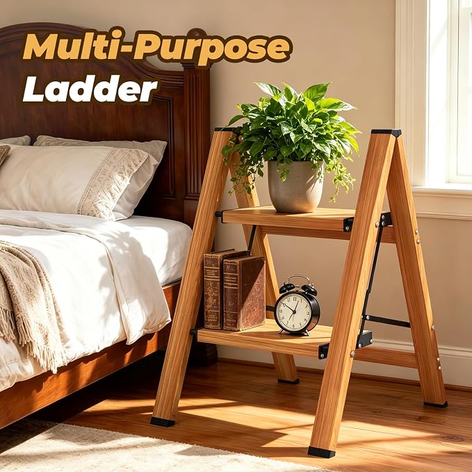 HBTower 2 Step Ladder, Lightweight Aluminum Folding Step Stool | Anti-Slip Wide Pedal, 330lbs Capacity Step Ladder for Household Kitchen Office, Woodgrain