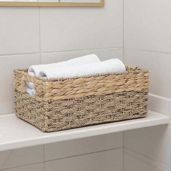 Handmade Water Hyacinth Storage Basket, Woven Basket Organizer with Inner Handles for Home & Office Decor (Large)