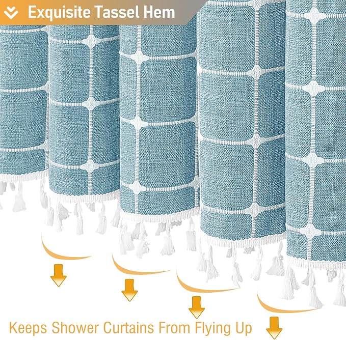 Teal Boho Farmhouse Linen Heavy Duty Shower Curtain, 72x72, Turquoise | 330GSM Linen Blend, Classic Plaid, 3-side Tassels, Water Repellent Fabric, 12 Plastic Hook, Rustic Bohemian, Machine Washable