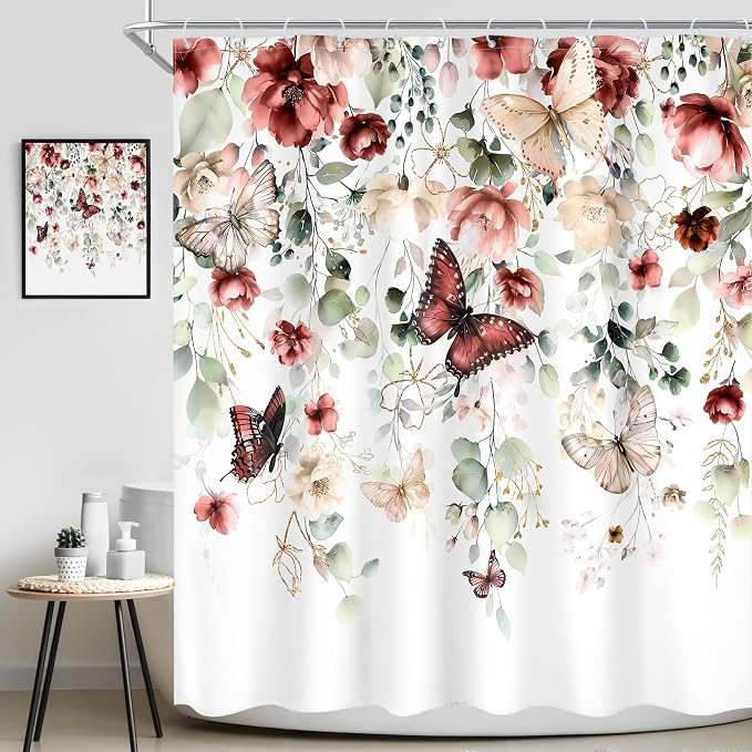 Red Floral Butterfly Summer Spring Plant Bathroom Shower Curtain Set | 72"W x 72"L Natural Gold style, clear shower print, fast-dry fabric and hooks for a simple bath update.