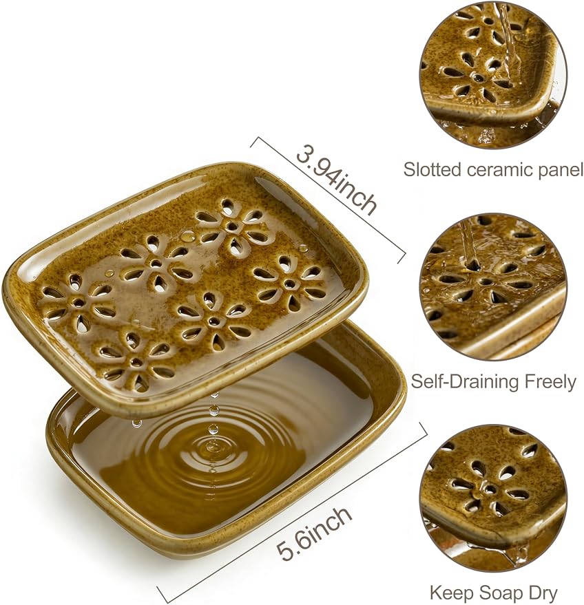 Miamolo 2 Layer Soap Dishes for Shower with Drainage, Keep Soap Bars Dry | Ceramic Bar Soap Holder Saver, Self Draining Top, Removable Drip Tray Non-Slip, Bathroom Kitchen Sink Dishwasher Safe, Yellow