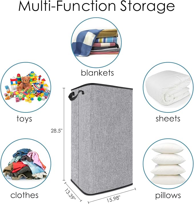 Extra Large Laundry Hamper, Folding 100L Laundry Basket, Grey | Dirty Clothes Hamper for Bedroom, Tall Hamper, Sturdy Storage Organizer for Clothes and Toys