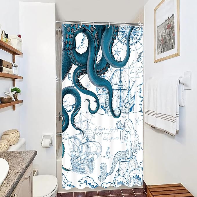 Fungarth Stall Blue Nautical Octopus Shower Curtain Navy Mermaid Funny Ocean Kraken Shower Curtains for Bathroom Cool Anchor Coastal Map Waterproof Fabric Bath Curtain Decor (Blue, 36” x 72”)
