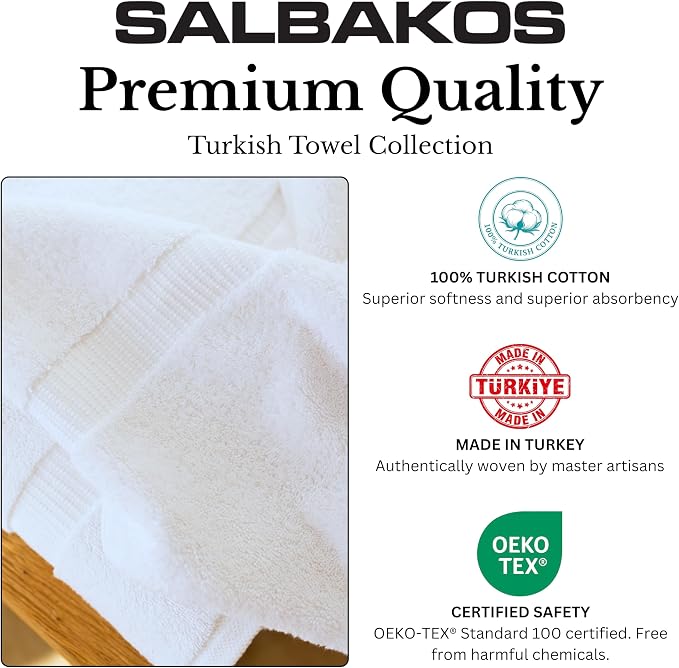 SALBAKOS 100% Turkish Cotton Bathroom Towel Set of 6-Piece, White | 630 Gsm Thick Super Soft Highly Absorbent 2 Bath + 2 Hand + 2 Washcloth Towels Sets, Giftable, Hotel Quality, Made in Turkey