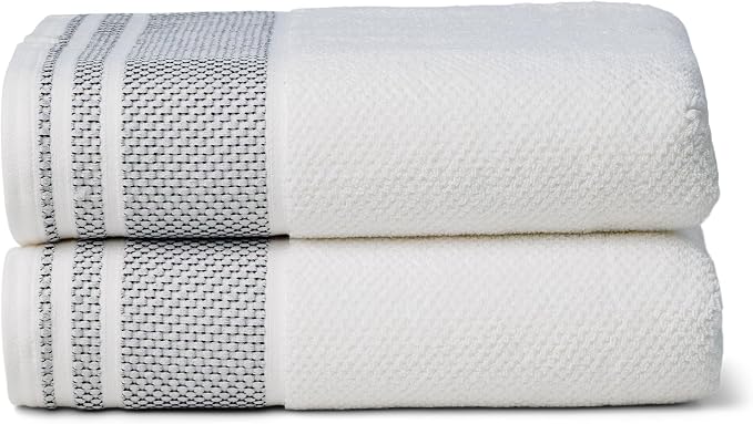 Texere 100% Organic Cotton Rice Weave Jacquard 700 GSM Luxury Bath Towel Sets - 2 Large Bath Towels (Rice Weave, BRT Wht w/Blk, 2 Bath Towels)