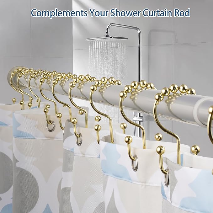 DAWNER Shower Curtain Hooks Rings, Rust Proof Hooks, Metal Easy Glide Double Shower Rings Hooks, Stainless Steel Shower Curtain Hangers for Bathroom Shower Curtains, Set of 12 Hooks, Gold Color