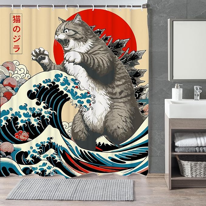 Funny Japanese Cat Shower Curtain,Vintage Cat Art Japan Sunset Waterproof Shower Curtain with Hooks, Fabric Shower Curtains for Bathroom Decor 36X72inches