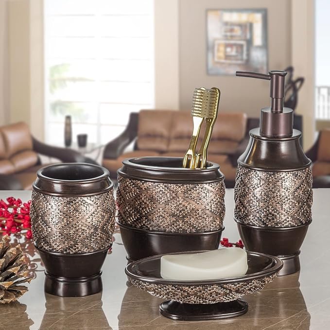 Creative Scents Dublin Brown 4 Piece Bathroom Accessory Set | Includes Soap Dispenser, Toothbrush Holder, Tumbler Cup & Soap Dish