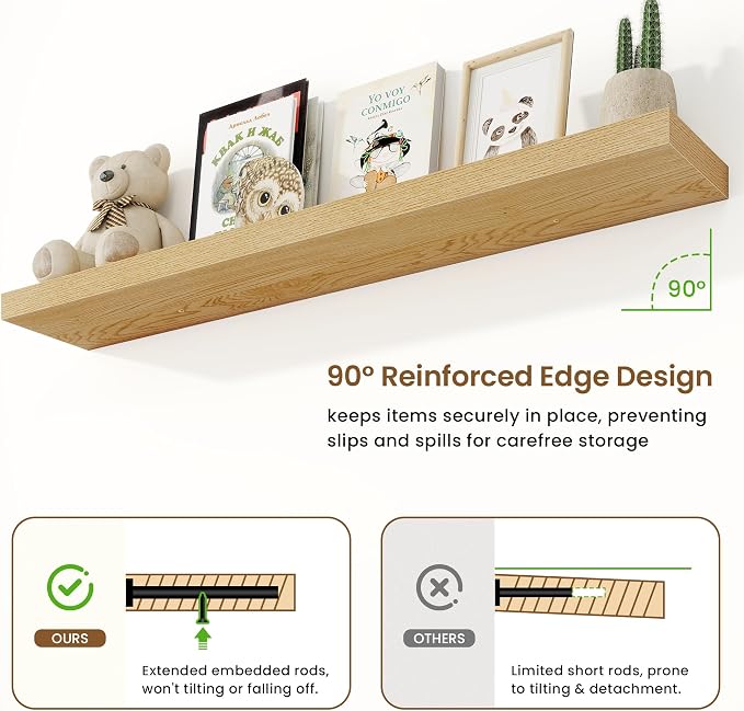 Marsmiles 9.25in Depth 55in Floating Shelves, 55x9.25x1.4, Oak, Set of 1 | Long Wall Mounted Engineered Wood Shelves with Invisible Brackets for Living Room, Bedroom, Bathroom, Kitchen