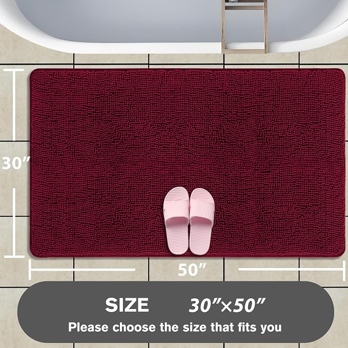 Bathroom Rugs 30 x 50 Inch – Extra Large Bath Mat | Absorbent and Washable Thick Chenille Bath Rugs Non-Slip Runner Rug for Bathroom, Shower, Tub(Vivid Burgundy)