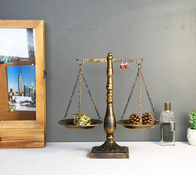 Owlgift Set of 2 Vintage Metal Libra Jewelry Towers Display Cosmetic Organizer Storage, Scale Centerpiece Stand, Antique Jewelry Storage, Farmhouse Candleholder Display – Bronze, 7.7“ W x 12.1“ H