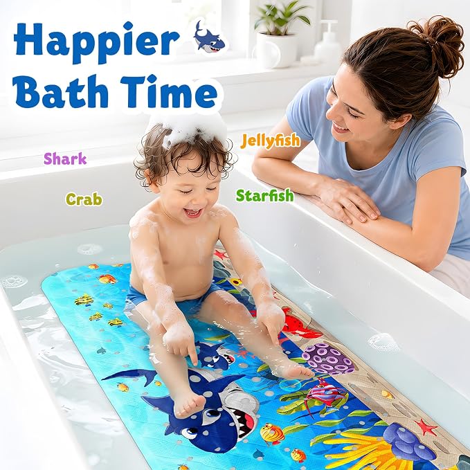 Baby Bath Mat for Tub Non Slip Kids Bath Mat - 40''x16'' Extra Long Cartoon Bathtub Mat Non Slip Kids Shower Mat Eco-Friendly Toddler Bath Mats with Suction Cups, Machine Washable, Shark