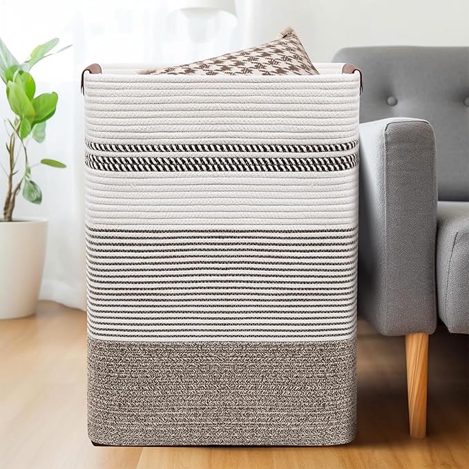 Laundry Hamper, 85L Cotton Rope Laundry Basket, Rice Brown & White | Foldable nursery hamper with leather handles; store blankets, toys, baby clothes and laundry in bedroom or living room