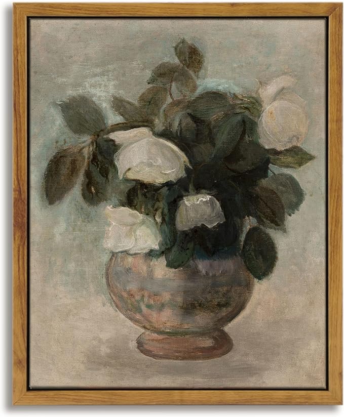 InSimSea Framed Canvas Prints Art Vintage Decor, Home Eclectic Roses in Vase Classical Oil Paintings for Wall Art Decorations, Rustic Farmhouse Floral Wall Decor for Bathroom, 8"x10"