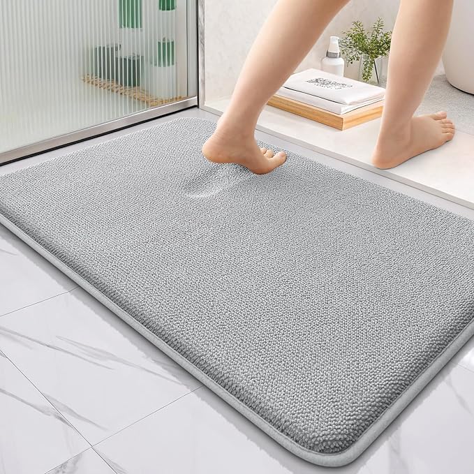 OLANLY Thick Memory Foam Bathroom Rug 36x24, Absorbent Bath Mat, Light Grey | Soft Quick Dry Bath Rugs, Non-Slip, Machine Washable Carpet for Bathroom Floor, Tub and Shower, Home Decor Accessories