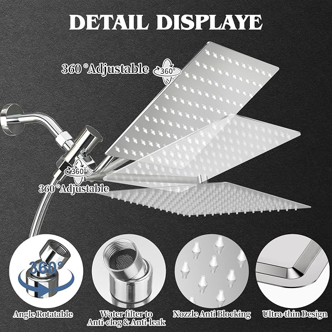 12 Inch Shower Head, Rain Shower Head with Adustable Extension Arm, Detachable Silver Rina Shower Head with Handheld Spray, High Pressure Shower Hose with Holder in Bathroom(Silver)