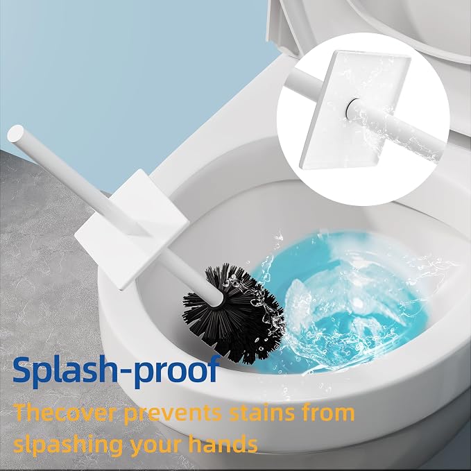 RUACQ Toilet Brush and Holder Set, Square, White, 2 Pack | SUS304 Stainless Steel Handle, Toilet Cleaner Brush with Durable Scrubbing Bristles, Splash-Proof