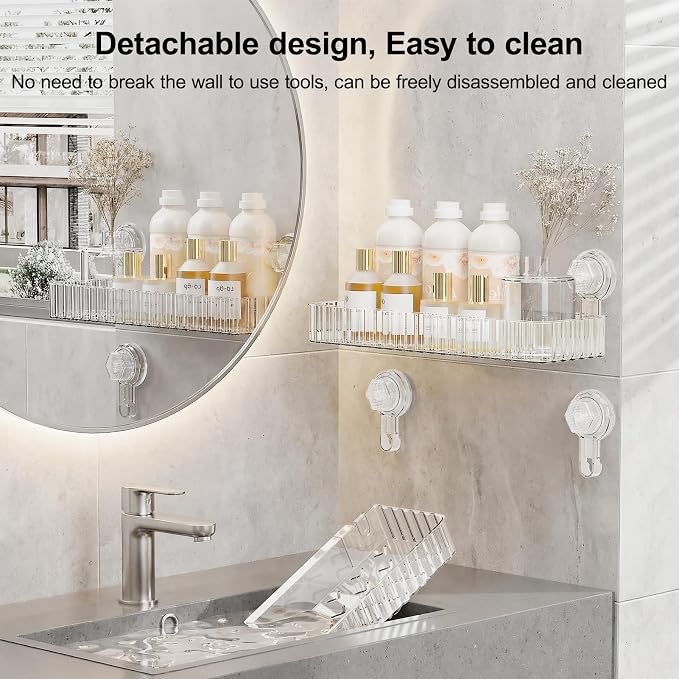 Adhesive Shower Caddy Suction Cup Shower Shelves for Inside Shower No Drilling Bathroom Organizers and Storage Wall Shelf Rack Clear(clear,square)