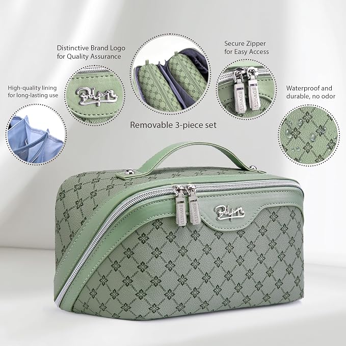 BOYATU Travel Makeup Bag Cosmetic Bags for Women: 3-Piece Makeup Bag Set | | Up to 20 3.4-oz Bottles | 180° Open-Flat Toiletry Organizer for Travel Essentials | Gift-Ready | (A-5-Green)