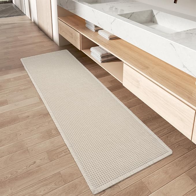 Upgraded Waffle Runner Rug Super Absorbent Non Slip Bath Mats for Bathroom, Washable Bathroom Runner Rug with Tassels, Ideal for Hallway Bedroom Laundry Room, Brown, 2'x 6'(24" x 72"), Pale Beige