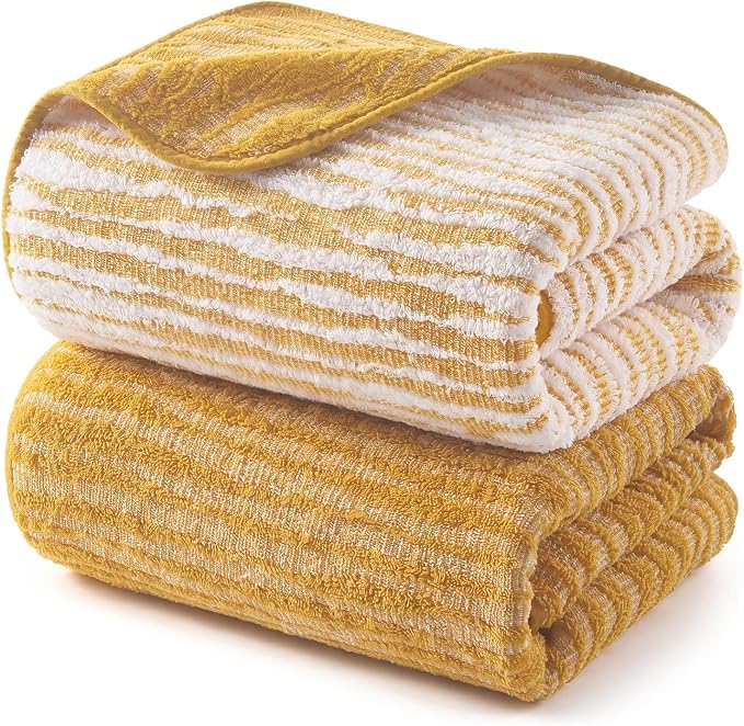 REDKISS 2 Pack Yellow Bath Towels Set, 100% Cotton Double-Sided Design | Ultra Soft, Super Absorbent, Quick Dry Bathroom Towels for Bathroom, Gym, Spa, Pool, Hotel & Family Use, 29 x 59 Inches