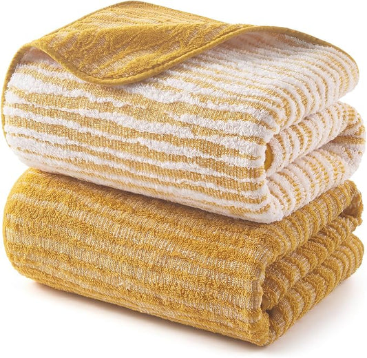 REDKISS 2 Pack Yellow Bath Towels Set, 100% Cotton Double-Sided Design | Ultra Soft, Super Absorbent, Quick Dry Bathroom Towels for Bathroom, Gym, Spa, Pool, Hotel & Family Use, 29 x 59 Inches