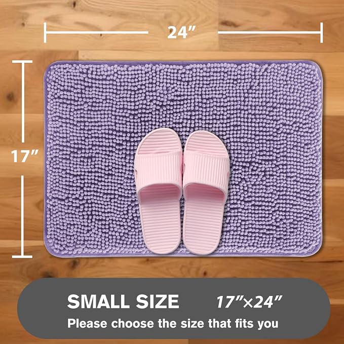 Lavender Bathroom Rugs – Absorbent and Washable Bath Mat, Non-Slip, Thick Soft Chenille Bath Rugs for Bathroom Floor, Shower, Sink - 17" x 24"