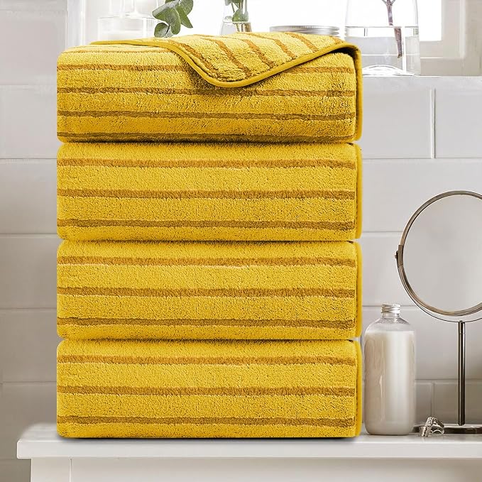 4 Pcs Ywllow Cabana Stripe Large Bath Sheets Soft Polyester Bathroom Towels | Fluffy oversized towel with hang loops absorbent quilck dry easy replacement family dorm sets for home beach pool gym yoga